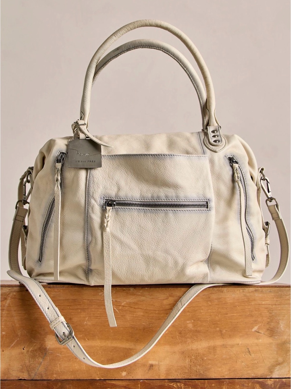 We The Free Cream Leather Shoulder Satchel with Tassel Zips